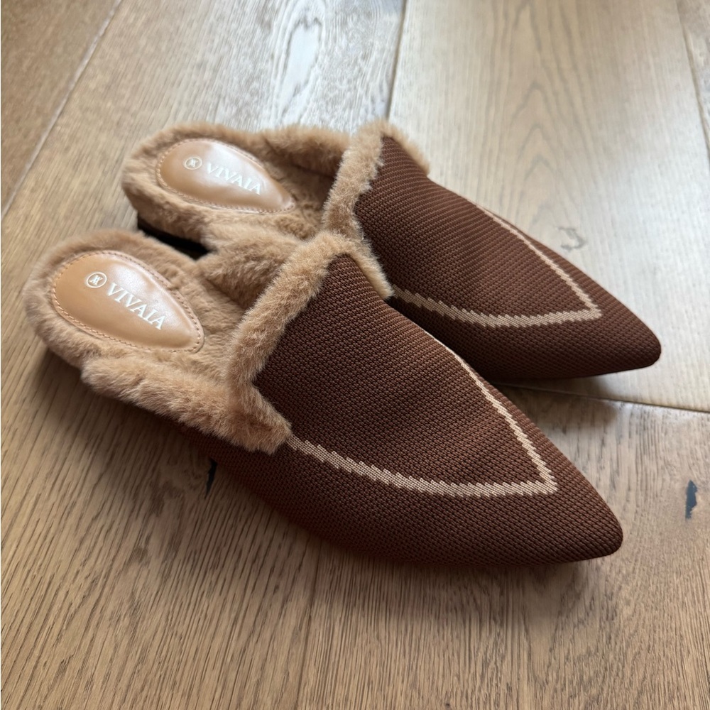 Vivaia - Tina Pointed-Toe Heeled Fluffy Mules - Size 37 - Brown & Tan - EUC+ - Picture 2 of 7